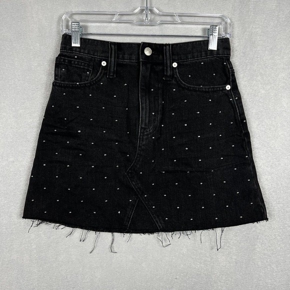 Madewell Rigid Denim A-line Skirt Size 25 Black Mini Metalic Dots Edition - Picture 4 of 12